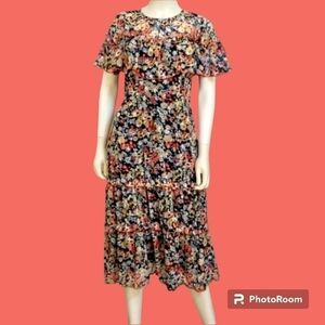 vtg Floral Chiffon Metallic Ruffle Tier Cottage Fairycore Land Girl Dress